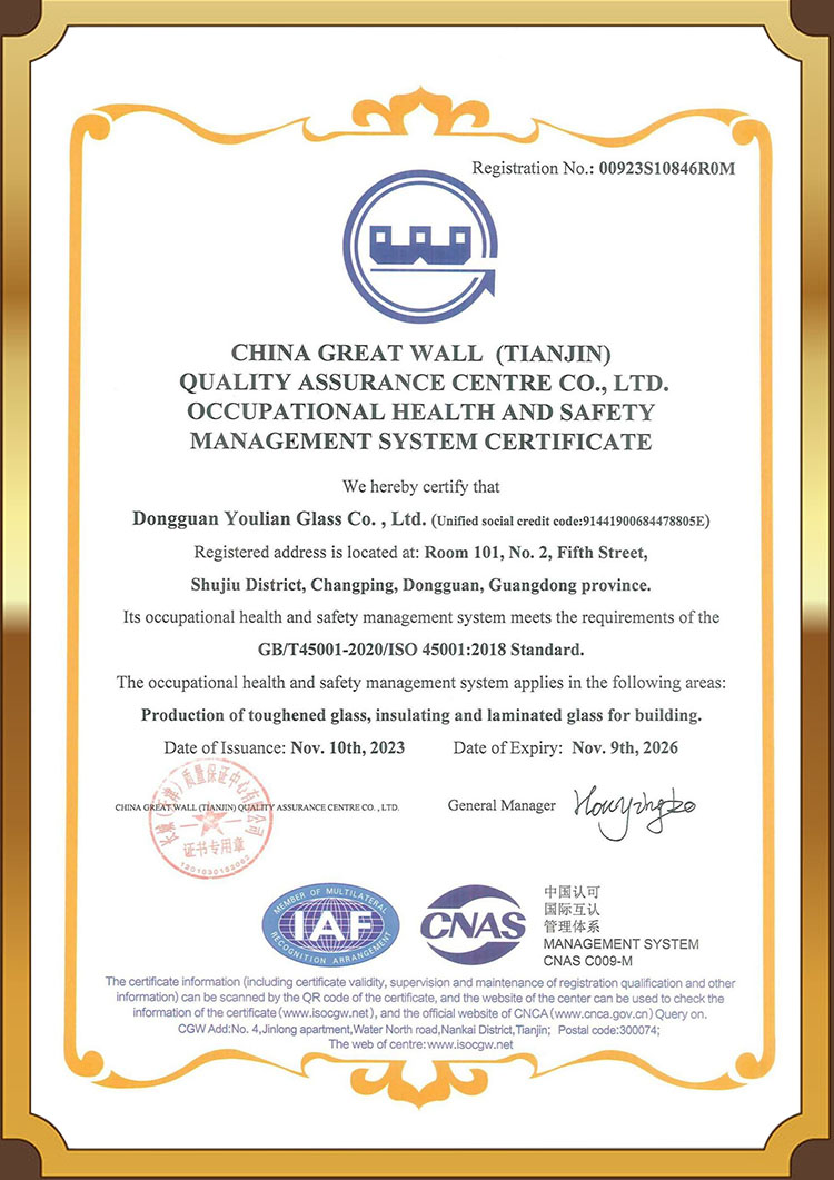 Dongguan Youlian Occupational Safety System Certificate (Chinese and English)